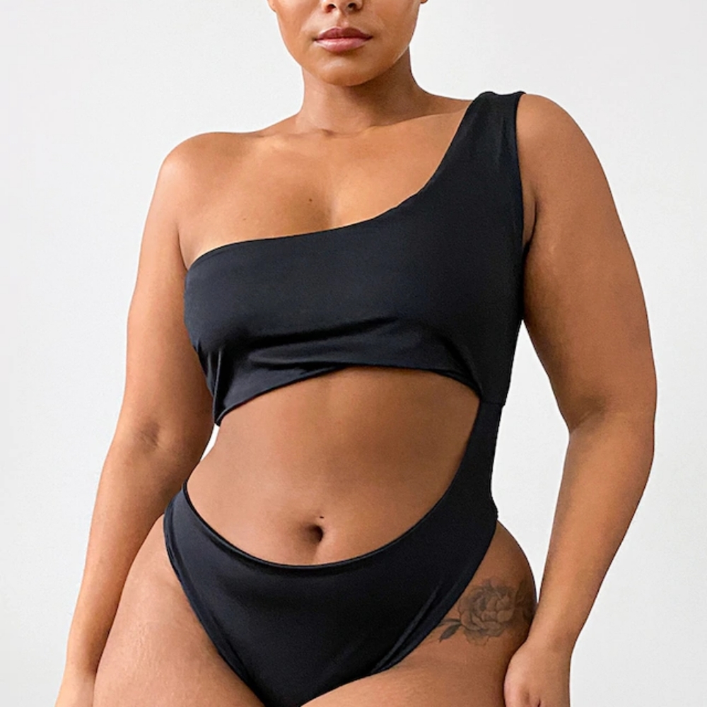 Black One Shoulder Cut Out Swimsuit